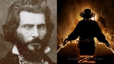 Πορτρέτο εποχής του Χοακίν Μουριέτα και αναπαράσταση του θρυλικού Ζορό στην Καλιφόρνια