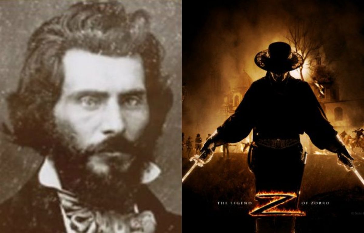 Πορτρέτο εποχής του Χοακίν Μουριέτα και αναπαράσταση του θρυλικού Ζορό στην Καλιφόρνια