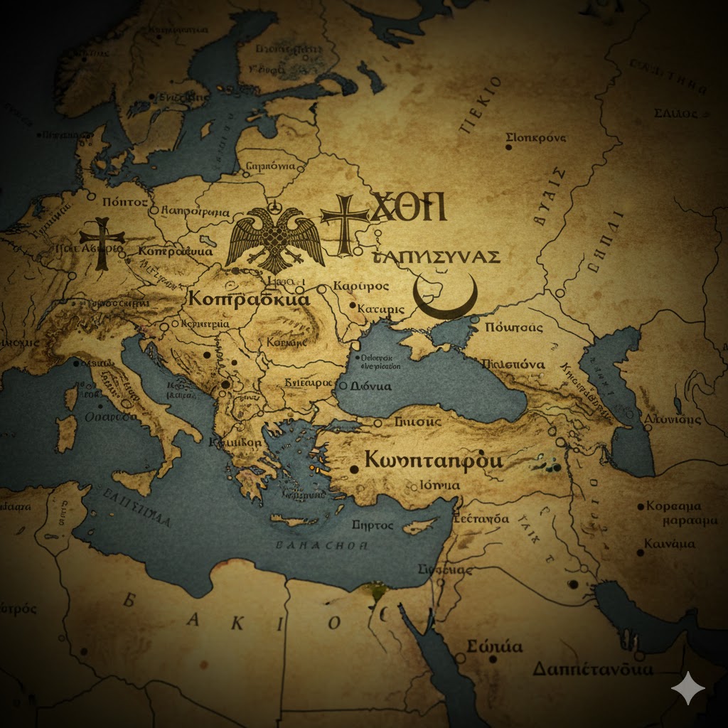 Ιστορικός χάρτης της Μικράς Ασίας με βυζαντινά σύμβολα και την ημισέληνο