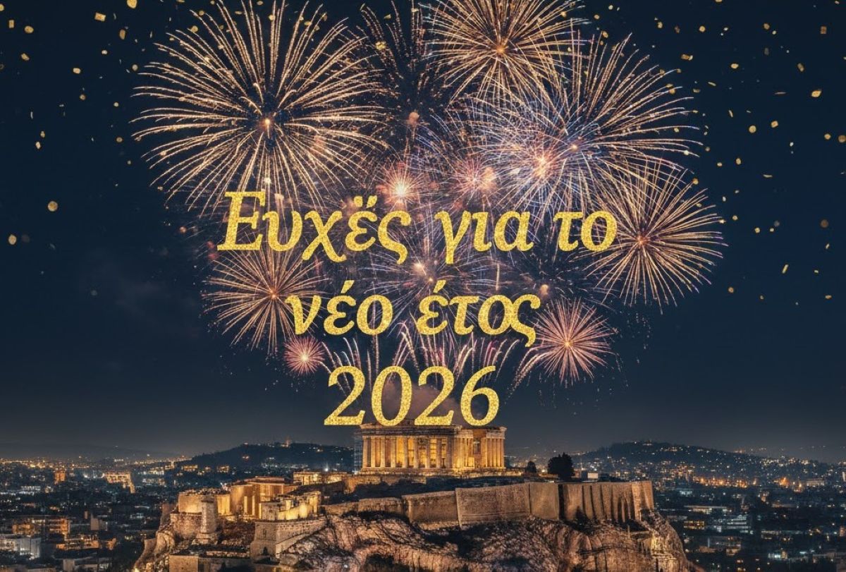 Εορταστικό φόντο με την Ακρόπολη και χρυσά γράμματα που γράφουν Ευχές για το νέο έτος 2026 και πυροτεχνήματα
