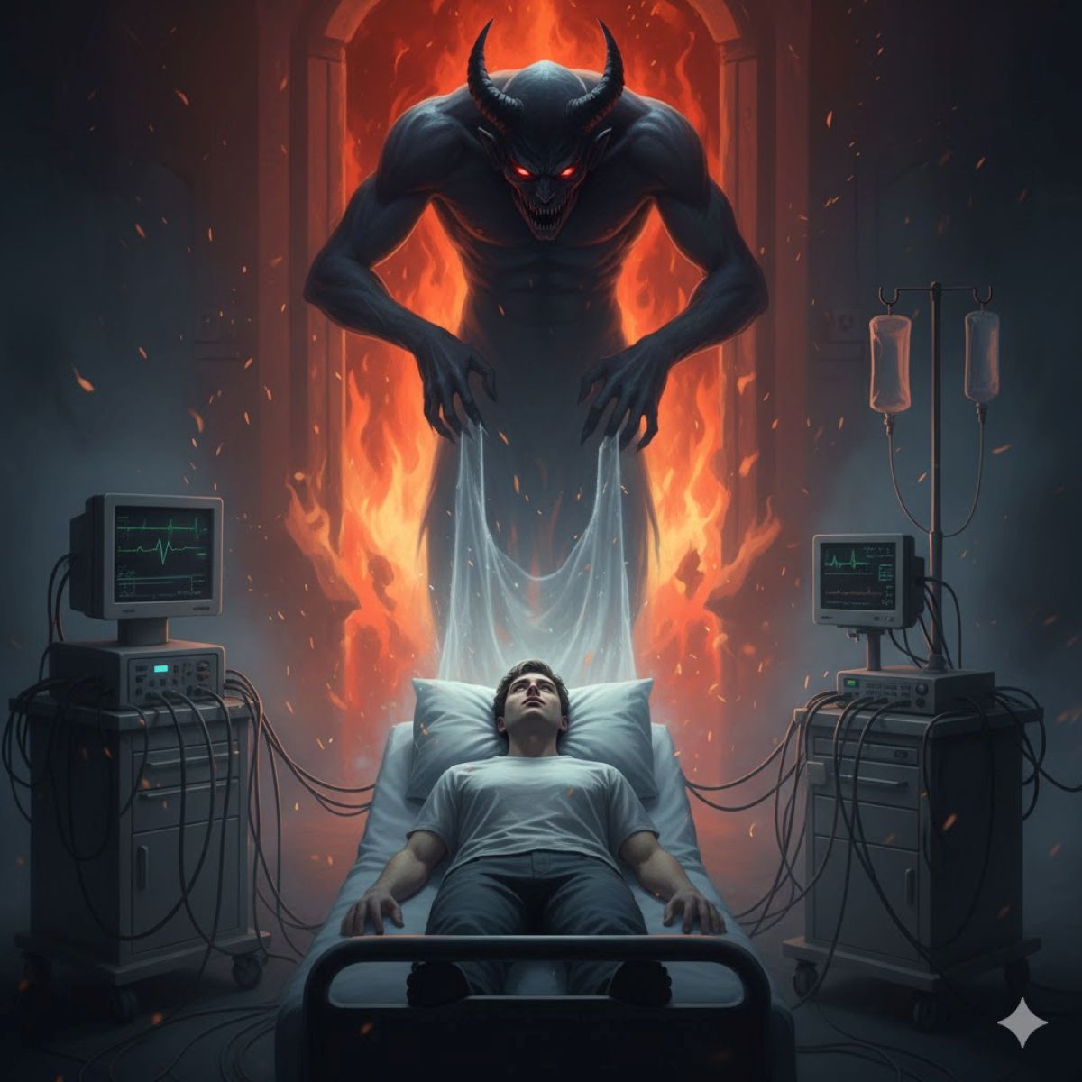 Σκοτεινή φιγούρα και ιατρικό δωμάτιο - Αναπαράσταση μεταθανάτιας εμπειρίας στην κόλαση