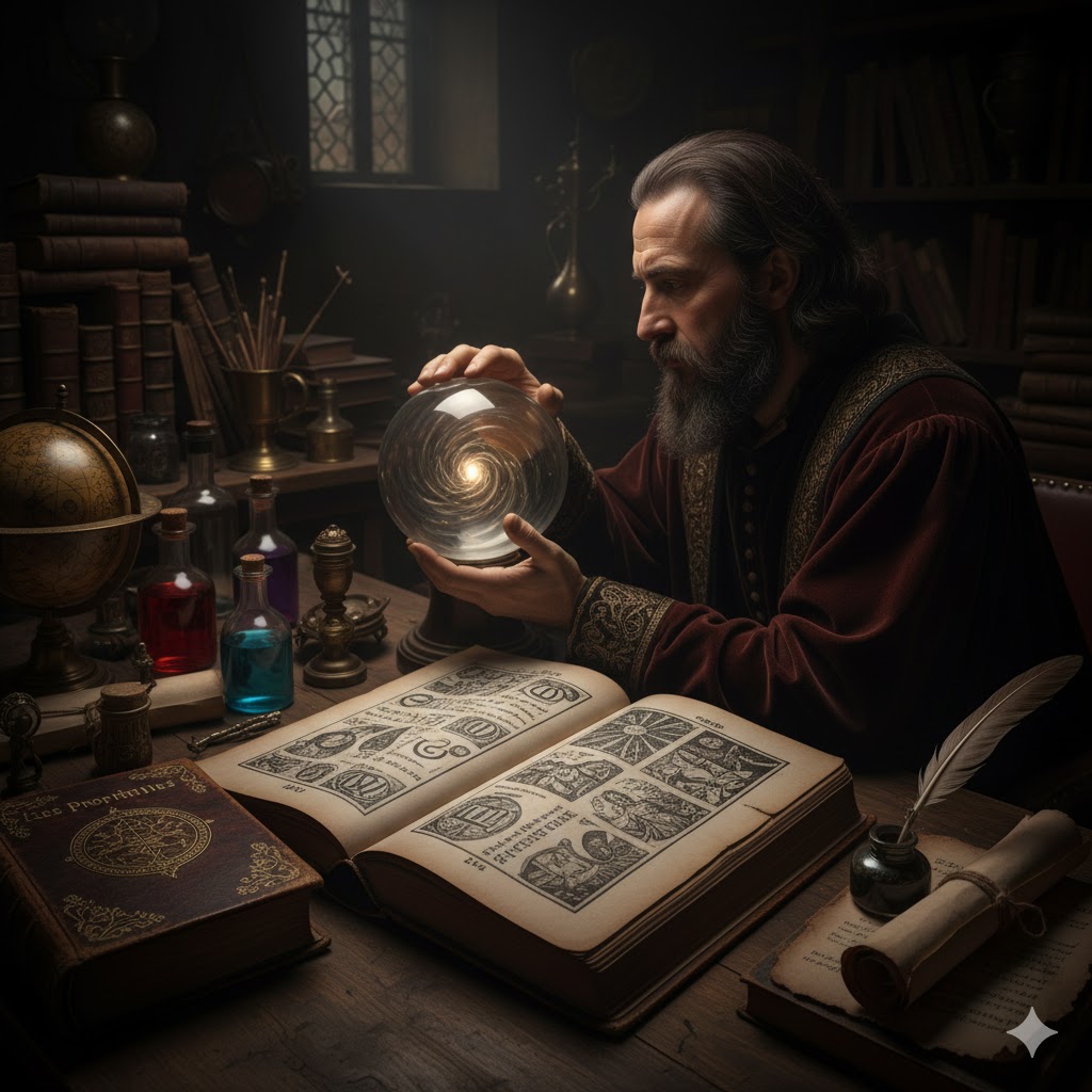 Παλαιό βιβλίο με τις προφητείες και τα τετράστιχα του Νοστράδαμου σε σκοτεινό φόντο