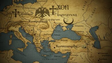 Ιστορικός χάρτης της Μικράς Ασίας με βυζαντινά σύμβολα και την ημισέληνο