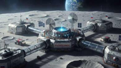 Καλλιτεχνική απεικόνιση ρωσικού πυρηνικού σταθμού στην επιφάνεια της Σελήνης με το λογότυπο της Roscosmos