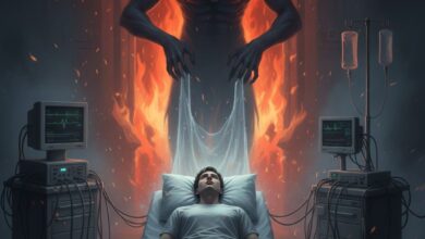 Σκοτεινή φιγούρα και ιατρικό δωμάτιο - Αναπαράσταση μεταθανάτιας εμπειρίας στην κόλαση