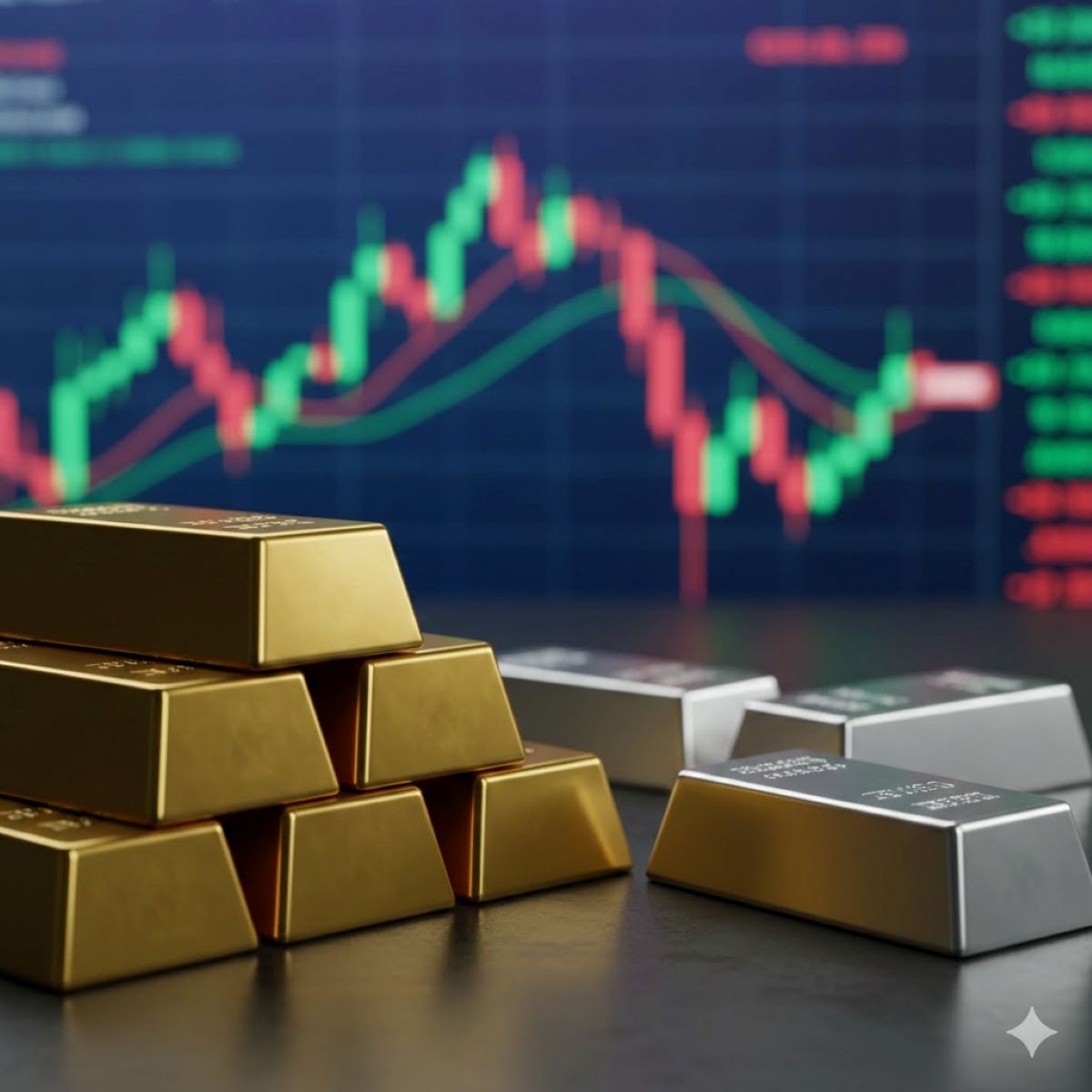 Ράβδοι χρυσού και ασήμι σε φόντο χρηματιστηριακών δεικτών - Προβλέψεις τιμών
