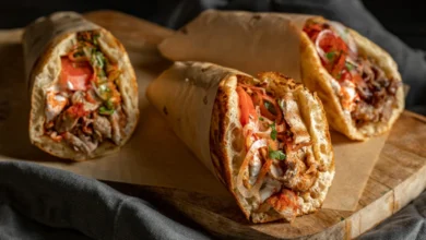 Ζουμερό τυλιχτό σουβλάκι με κομμάτια από τσιγαριαστό κατσικάκι, φρέσκια ντομάτα και χειροποίητη πίτα