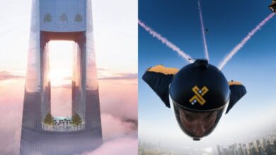Skydiver της XDubai πραγματοποιεί πτήση ακριβείας μέσα από το άνοιγμα του ψηλότερου ξενοδοχείου στον κόσμο