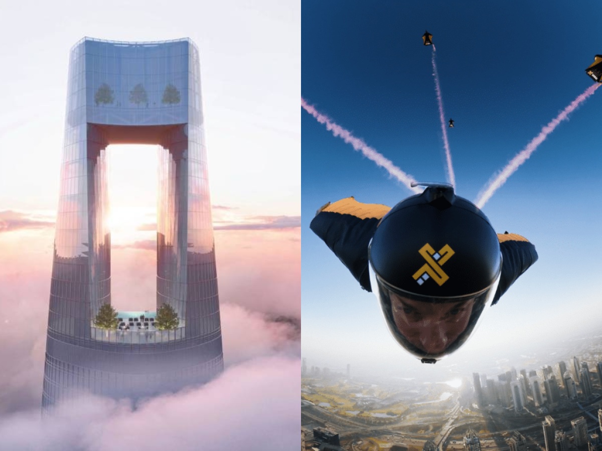 Skydiver της XDubai πραγματοποιεί πτήση ακριβείας μέσα από το άνοιγμα του ψηλότερου ξενοδοχείου στον κόσμο