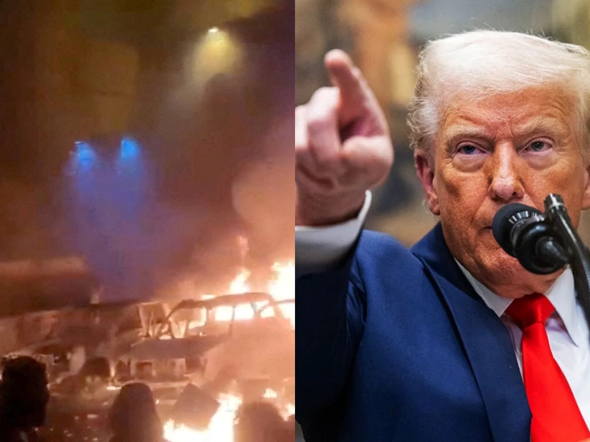 Εικόνα διαδηλωτών στο Ιράν με αντικυβερνητικά συνθήματα, ενώ στο φόντο εμφανίζεται ο Ντόναλντ Τραμπ, υποδηλώνοντας την υποστήριξη των ΗΠΑ