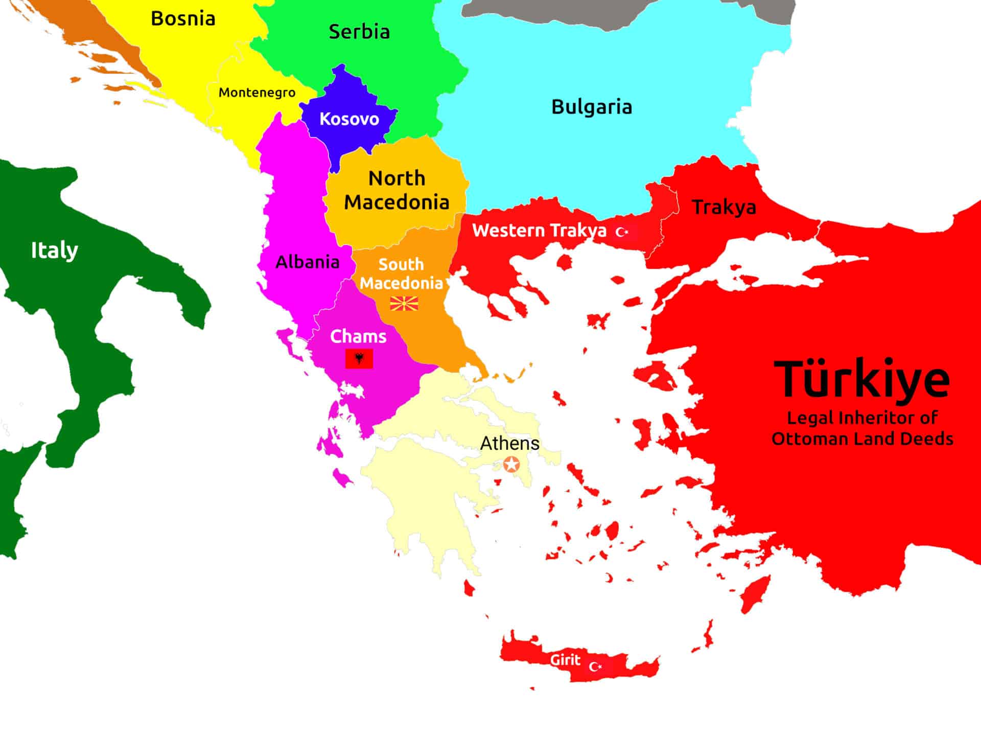 Προκλητικός χάρτης που δείχνει τα σύνορα της Ελλάδας να περιορίζονται μέχρι τη Λαμία, με διεκδικήσεις σε Ήπειρο, Μακεδονία, και θαλάσσια σύνορα Τουρκίας-Ιταλίας