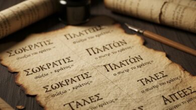 Πάπυρος με αρχαία ελληνικά γράμματα και ονόματα φιλοσόφων που συμβολίζουν την ετυμολογία των ονομάτων