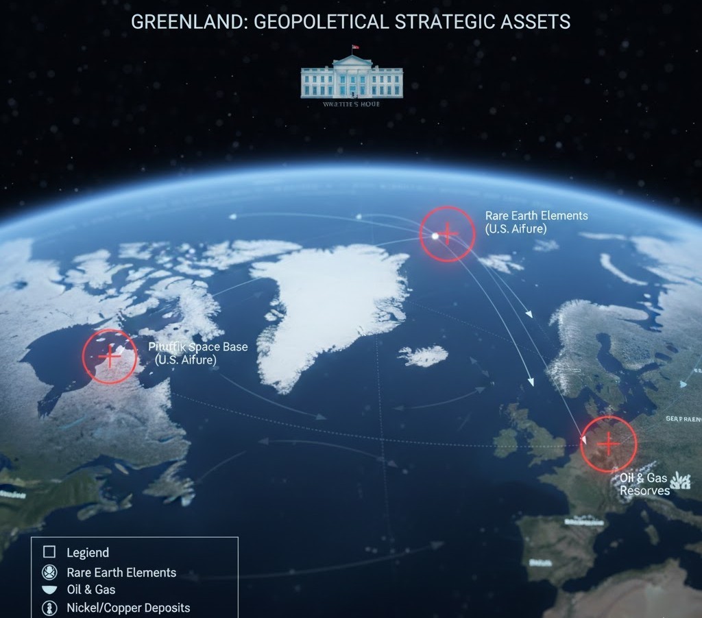 Χάρτης της Γροιλανδίας με επισήμανση των στρατηγικών σημείων και της βάσης Pituffik των ΗΠΑ