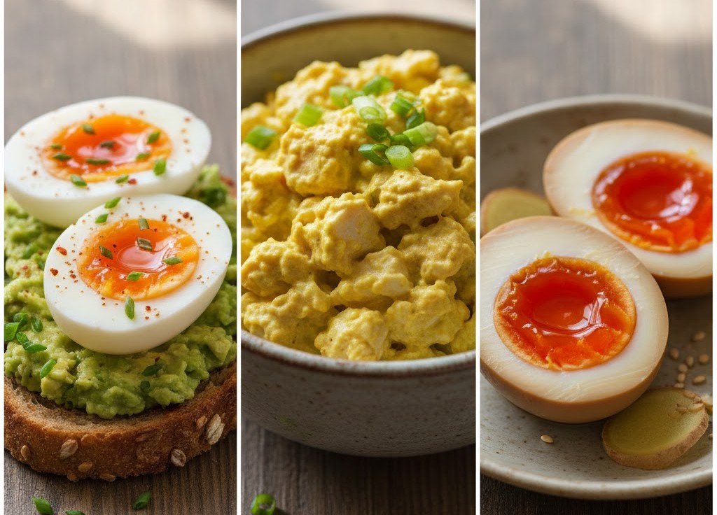 Ένα κολλάζ με τρία πιάτα: avocado toast με μελάτο αυγό, μπολ με αυγοσαλάτα με γιαούρτι και κάρυ, και μαριναρισμένα αυγά Ajitama κομμένα στη μέση