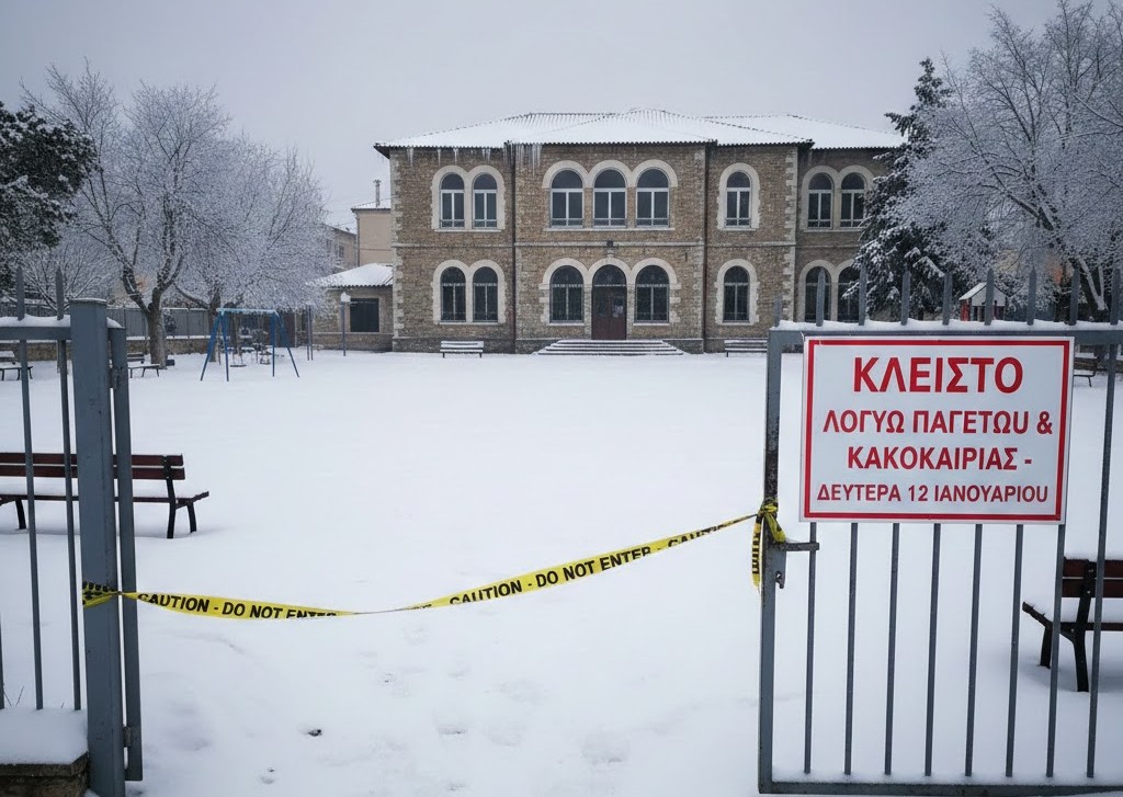 Κλειστή σχολική αυλή με χιόνι και απαγορευτική κορδέλα λόγω κακοκαιρίας και παγετού στις 12 Ιανουαρίου