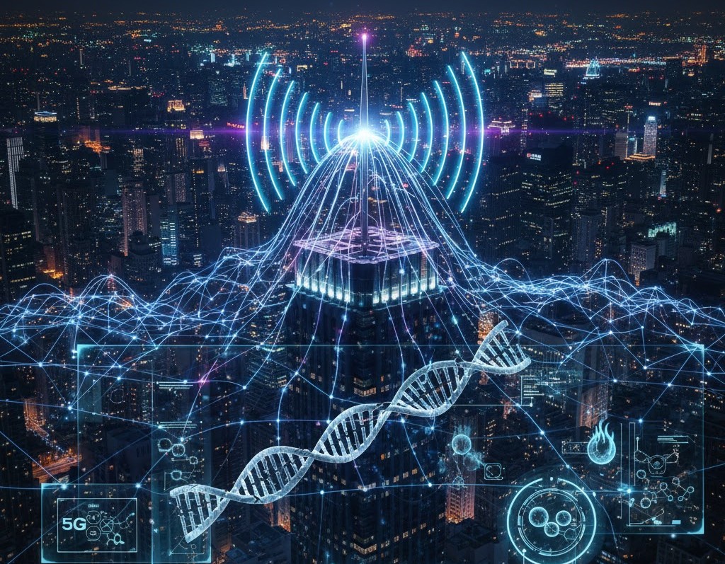 Καλλιτεχνική απεικόνιση κεραίας 5G που εκπέμπει κύματα πάνω από μια πόλη, με γραφικά που δείχνουν την επίδραση της ακτινοβολίας στο ανθρώπινο DNA