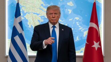 Ο Ντόναλντ Τραμπ σε φόντο τον χάρτη του Αιγαίου και οι σημαίες Ελλάδας και Τουρκίας