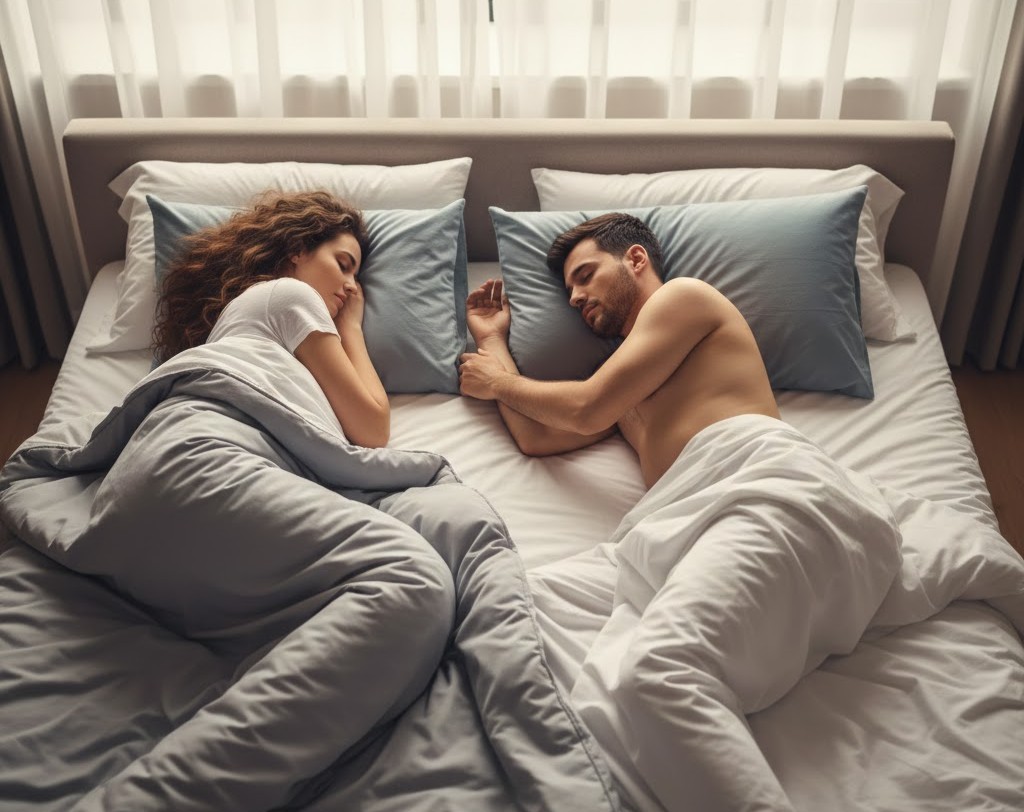 Άνδρας και γυναίκα κοιμούνται σε διαφορετικές στάσεις ύπνου – δεξιά, αριστερά και ανάσκελα