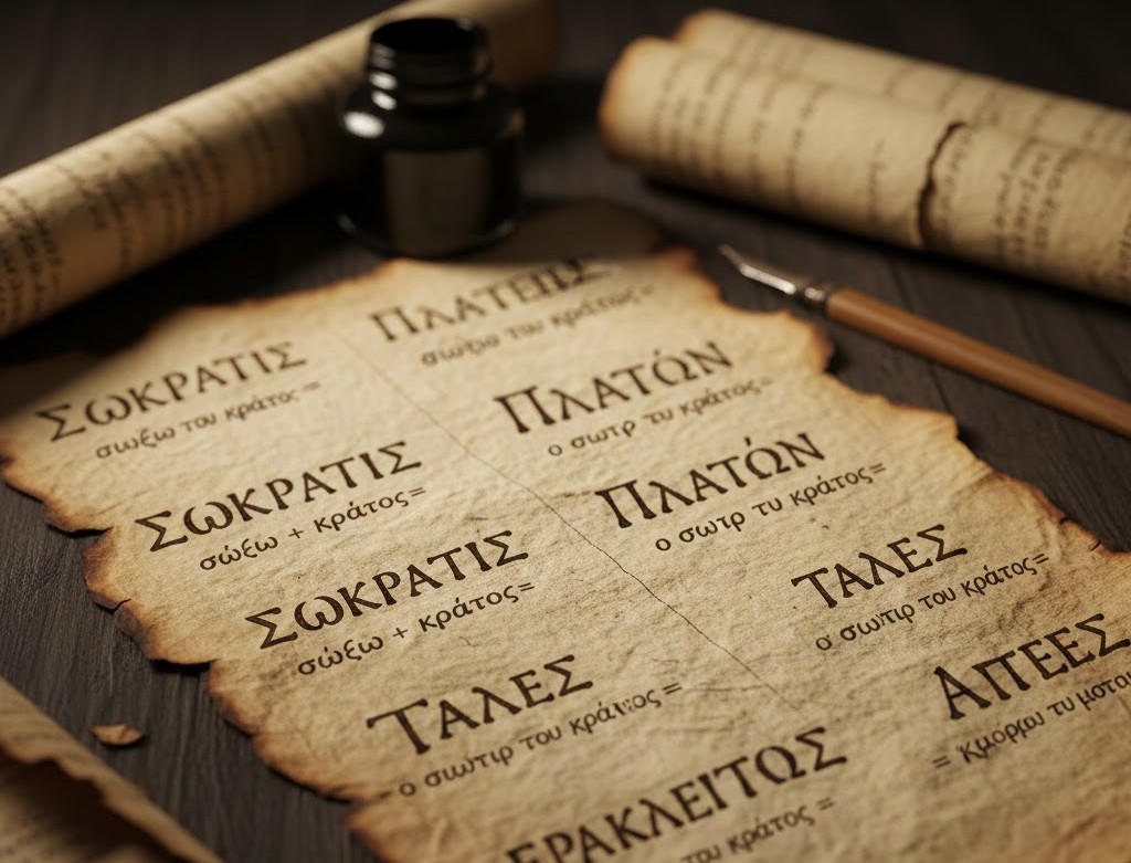 Πάπυρος με αρχαία ελληνικά γράμματα και ονόματα φιλοσόφων που συμβολίζουν την ετυμολογία των ονομάτων