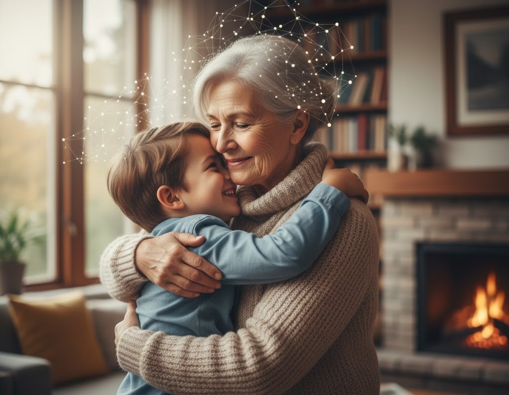 Στοργική γιαγιά αγκαλιάζει το εγγόνι της, απεικονίζοντας τον ισχυρό συναισθηματικό δεσμό που επιβεβαιώνει η επιστημονική έρευνα.