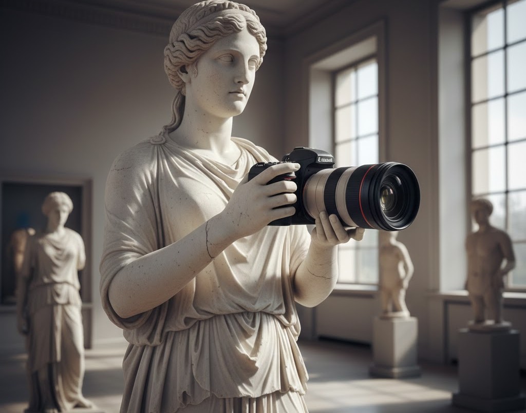 Αρχαιοελληνικό άγαλμα που κρατάει μια σύγχρονη κάμερα, συμβολίζοντας τη σύνδεση της ελληνικής γλώσσας με την τεχνολογία και τη λέξη μαγνητοσκόπιο