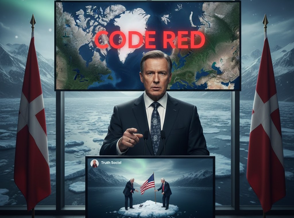 Ο πρωθυπουργός της Γροιλανδίας Νίλσεν κατά τη διάρκεια συνέντευξης Τύπου στο Νούουκ με φόντο το αρκτικό τοπίο