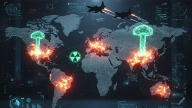 Παγκόσμιος χάρτης με φλεγόμενα σημεία έντασης, στρατιωτικά αεροσκάφη και σύμβολα πυρηνικής απειλής. Γραφική απεικόνιση των πιο επικίνδυνων περιοχών αν ξεσπάσει ο Γ' Παγκόσμιος Πόλεμος
