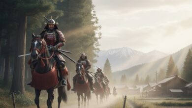 Ιστορική απεικόνιση Σαμουράι που ίππευαν στην αριστερή πλευρά του δρόμου για να προστατεύουν το σπαθί τους