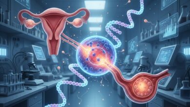 Επιστημονική απεικόνιση του εμβολίου mRNA και γυναικεία αναπαραγωγή σε ιατρικό εργαστήριο.