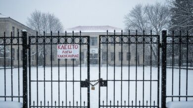 Σχολική αυλή με χιόνι και κλειστή καγκελόπορτα λόγω κακοκαιρίας
