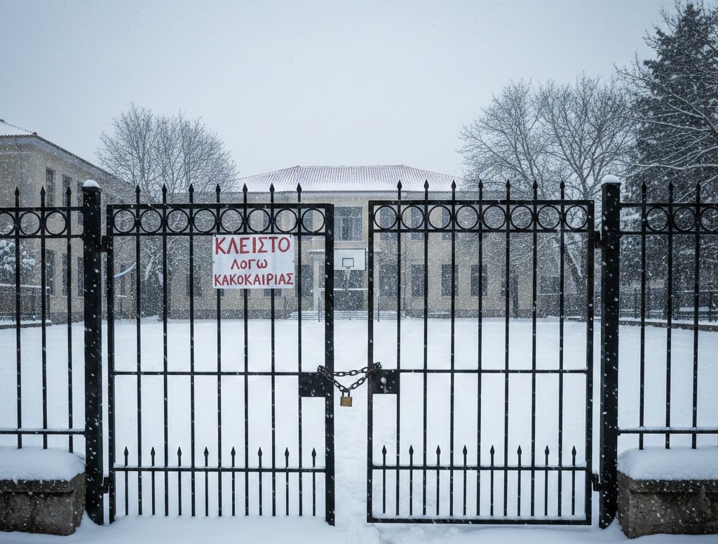 Σχολική αυλή με χιόνι και κλειστή καγκελόπορτα λόγω κακοκαιρίας