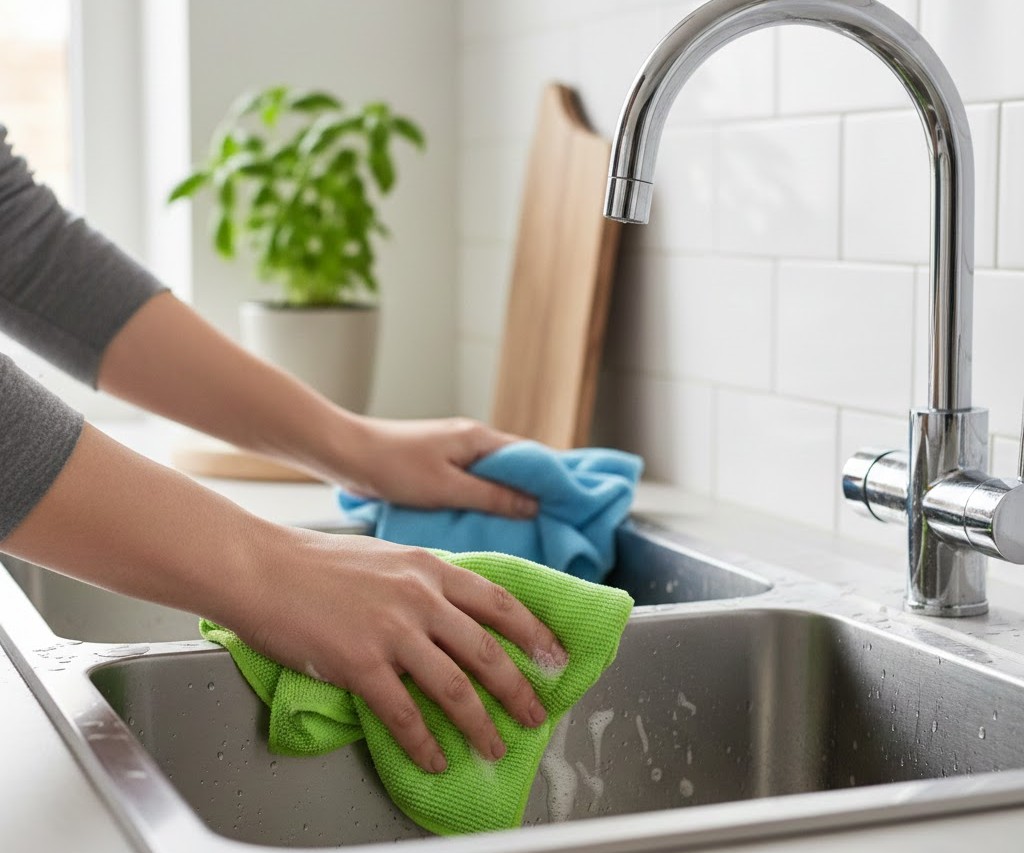 Καθαρισμός νεροχύτη κουζίνας και απολύμανση επιφανειών με πανί μικροϊνών για την απομάκρυνση μικροβίων