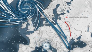 Χάρτης της Ευρώπης με την κίνηση ψυχρών αέριων μαζών από τη Σιβηρία προς τη Μεσόγειο και την Ελλάδα