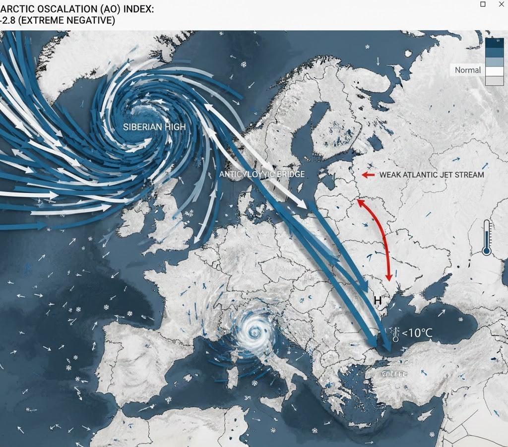 Χάρτης της Ευρώπης με την κίνηση ψυχρών αέριων μαζών από τη Σιβηρία προς τη Μεσόγειο και την Ελλάδα