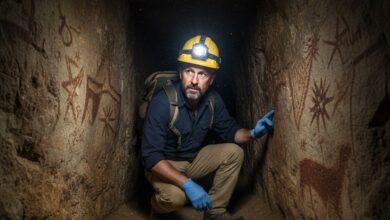 Εικόνα αρχαιολόγου που εξερευνά έναν σκοτεινό, στενό σφραγισμένο θάλαμο σπηλαίου, φωτίζοντας το εσωτερικό με φακό, αποκαλύπτοντας αρχαία ιζήματα και βραχογραφίες. Ένας αρχαιολόγος με εξοπλισμό εξερευνά τον νέο σφραγισμένο θάλαμο του σπηλαίου Γκόραμ στο Γιβραλτάρ.