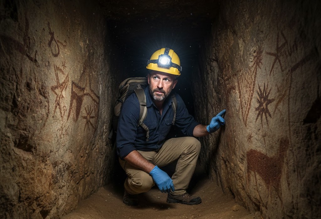 Εικόνα αρχαιολόγου που εξερευνά έναν σκοτεινό, στενό σφραγισμένο θάλαμο σπηλαίου, φωτίζοντας το εσωτερικό με φακό, αποκαλύπτοντας αρχαία ιζήματα και βραχογραφίες. Ένας αρχαιολόγος με εξοπλισμό εξερευνά τον νέο σφραγισμένο θάλαμο του σπηλαίου Γκόραμ στο Γιβραλτάρ.