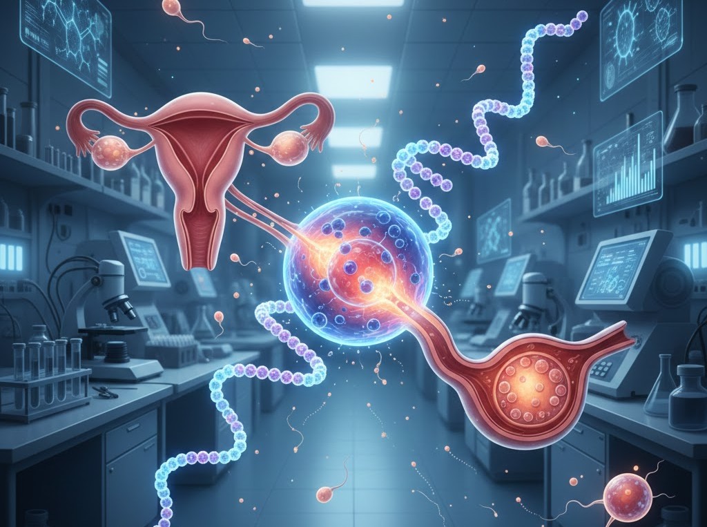 Επιστημονική απεικόνιση του εμβολίου mRNA και γυναικεία αναπαραγωγή σε ιατρικό εργαστήριο.