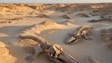 Πανοραμική θέα της Κοιλάδας των Φαλαινών (Wadi Al-Hitan) στην Αίγυπτο με απολιθώματα σκελετών