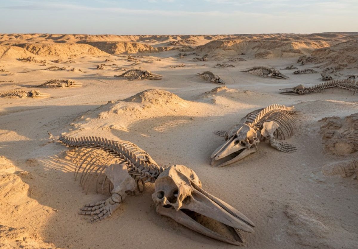 Πανοραμική θέα της Κοιλάδας των Φαλαινών (Wadi Al-Hitan) στην Αίγυπτο με απολιθώματα σκελετών