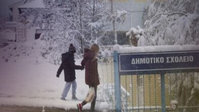 Σχολική αυλή καλυμμένη με χιόνι και κλειστή καγκελόπορτα λόγω κακοκαιρίας