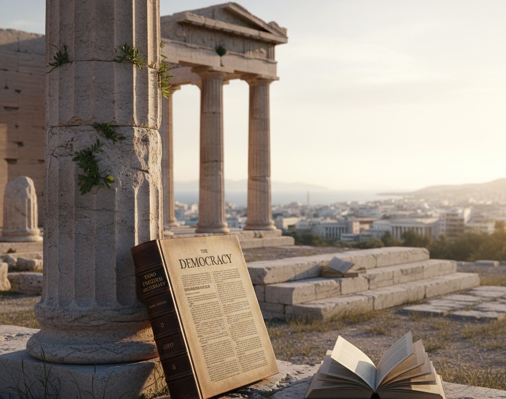 Αρχαιοελληνικός κίονας δίπλα σε ένα λεξικό της αγγλικής γλώσσας