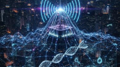 Καλλιτεχνική απεικόνιση κεραίας 5G που εκπέμπει κύματα πάνω από μια πόλη, με γραφικά που δείχνουν την επίδραση της ακτινοβολίας στο ανθρώπινο DNA