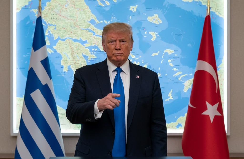 Ο Ντόναλντ Τραμπ σε φόντο τον χάρτη του Αιγαίου και οι σημαίες Ελλάδας και Τουρκίας