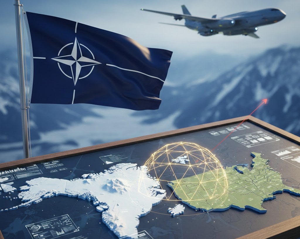 Η σημαία του ΝΑΤΟ δίπλα σε χάρτη της Γροιλανδίας και των ΗΠΑ