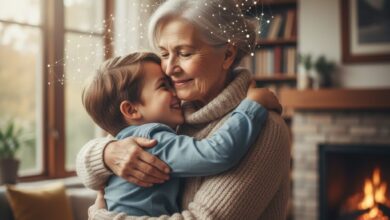 Στοργική γιαγιά αγκαλιάζει το εγγόνι της, απεικονίζοντας τον ισχυρό συναισθηματικό δεσμό που επιβεβαιώνει η επιστημονική έρευνα.