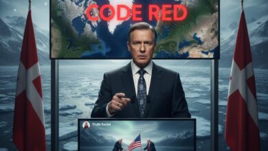 Ο πρωθυπουργός της Γροιλανδίας Νίλσεν κατά τη διάρκεια συνέντευξης Τύπου στο Νούουκ με φόντο το αρκτικό τοπίο