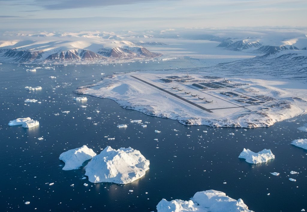 Αεροφωτογραφία της Γροιλανδίας με παγόβουνα και τη στρατηγική αμερικανική βάση της Θούλης στο βάθος