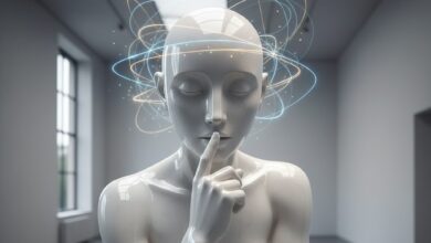 Ένα σύγχρονο άγαλμα σε σκεπτόμενη στάση που φαίνεται να ψιθυρίζει, συμβολίζοντας την εσωτερική αυτο-ομιλία και τη νοητική οργάνωση.