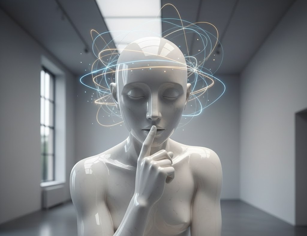 Ένα σύγχρονο άγαλμα σε σκεπτόμενη στάση που φαίνεται να ψιθυρίζει, συμβολίζοντας την εσωτερική αυτο-ομιλία και τη νοητική οργάνωση.