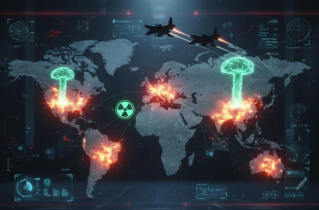Παγκόσμιος χάρτης με φλεγόμενα σημεία έντασης, στρατιωτικά αεροσκάφη και σύμβολα πυρηνικής απειλής. Γραφική απεικόνιση των πιο επικίνδυνων περιοχών αν ξεσπάσει ο Γ' Παγκόσμιος Πόλεμος